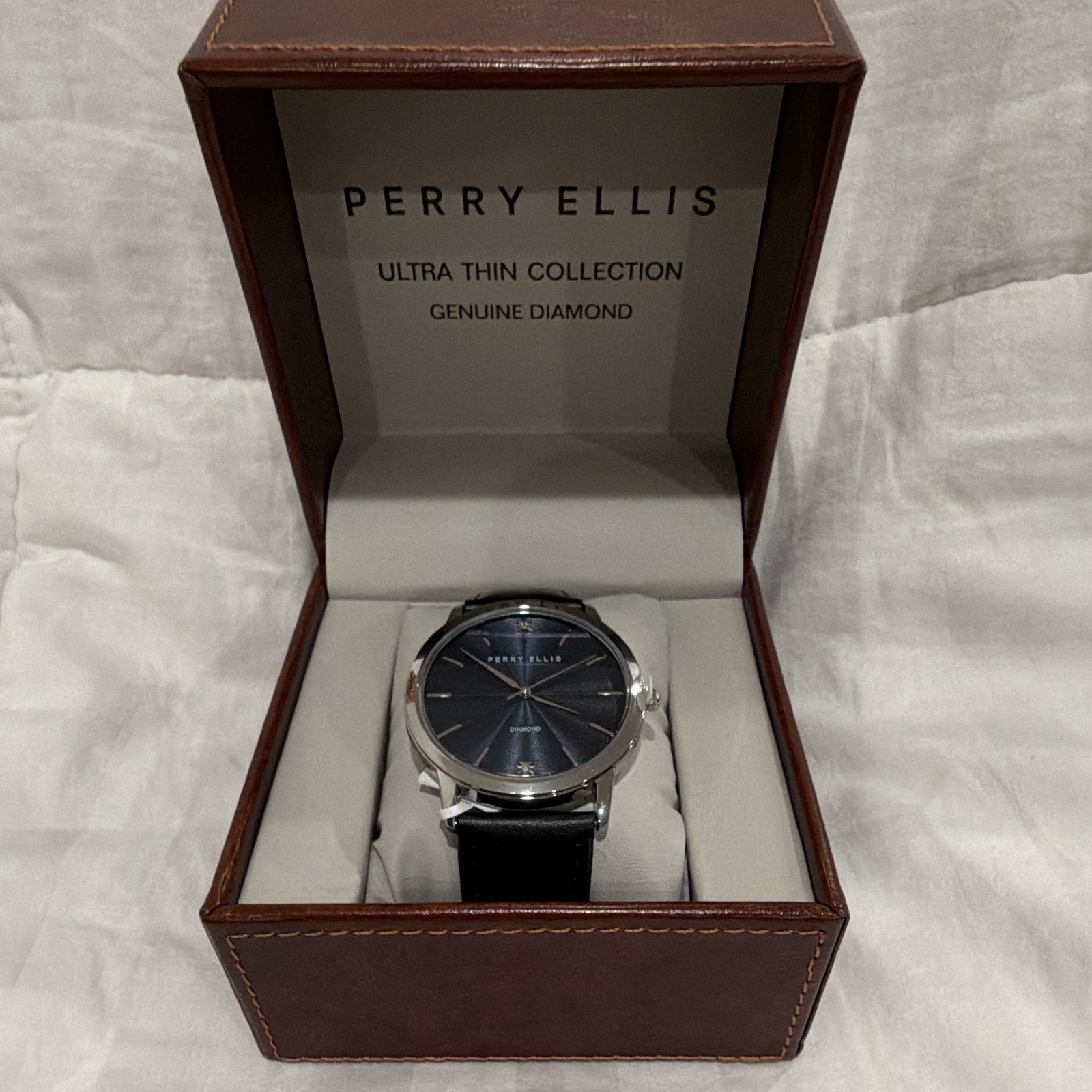 Perry Ellis Ultra Thin Genuine Diamond Quartz Blue Dial Black Leather Watch
