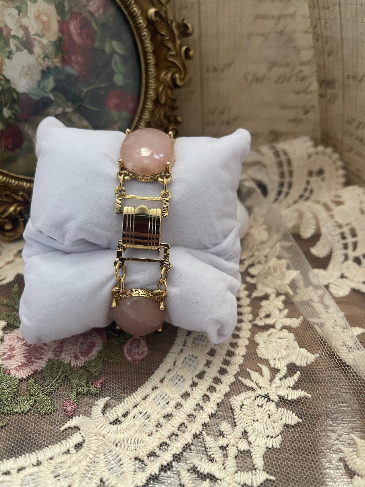 Vintage Rose Quartz Floral Bracelet Watch | Handmade Repurposed Gold Tone Unique