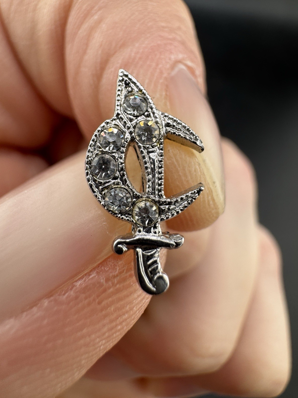 925 Sterling Silver Vintage C Z Crescent and Sable Pin No Backing