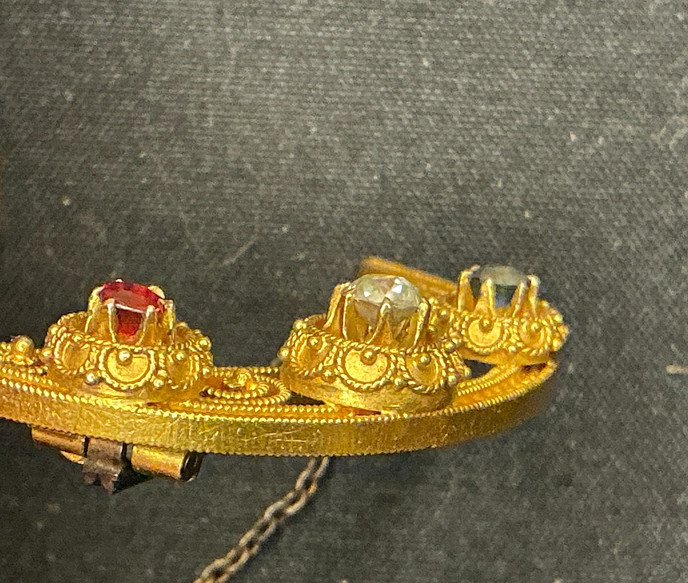 Victorian 18K Gold Crescent Moon Brooch Pin Ruby Diamond Sapphire Etruscan 7g