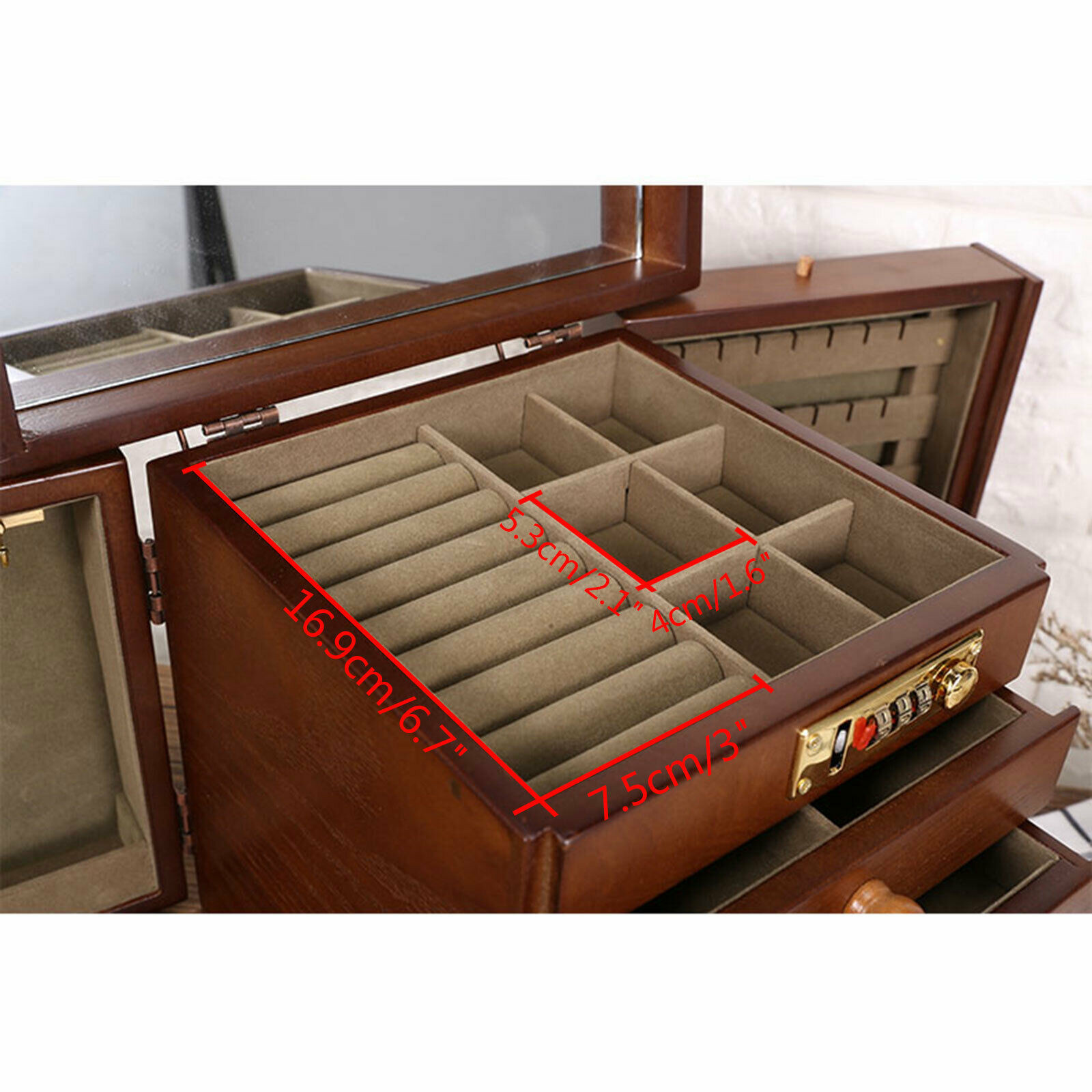 5 Layers Vintage Large Jewelry Organizer Wooden Storage Box Case with 4 Drawers