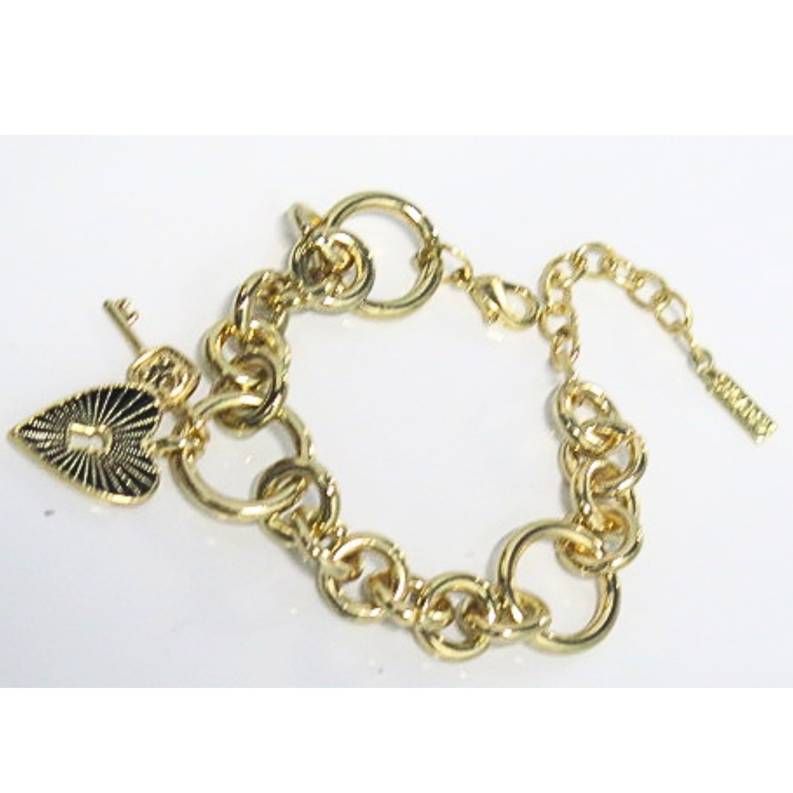 Gold Tone Heart Lock & Key Charm Link Bracelet Adjustable Lobster Clasp
