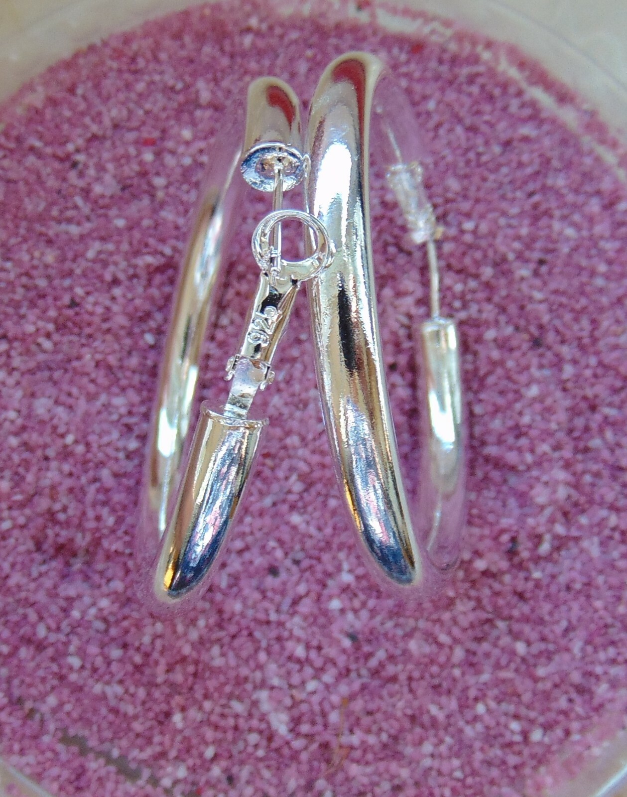 925 Silver XXL Hoop Earrings 50mm 5mm Large Round Dangle Mirror Hinged Clasp