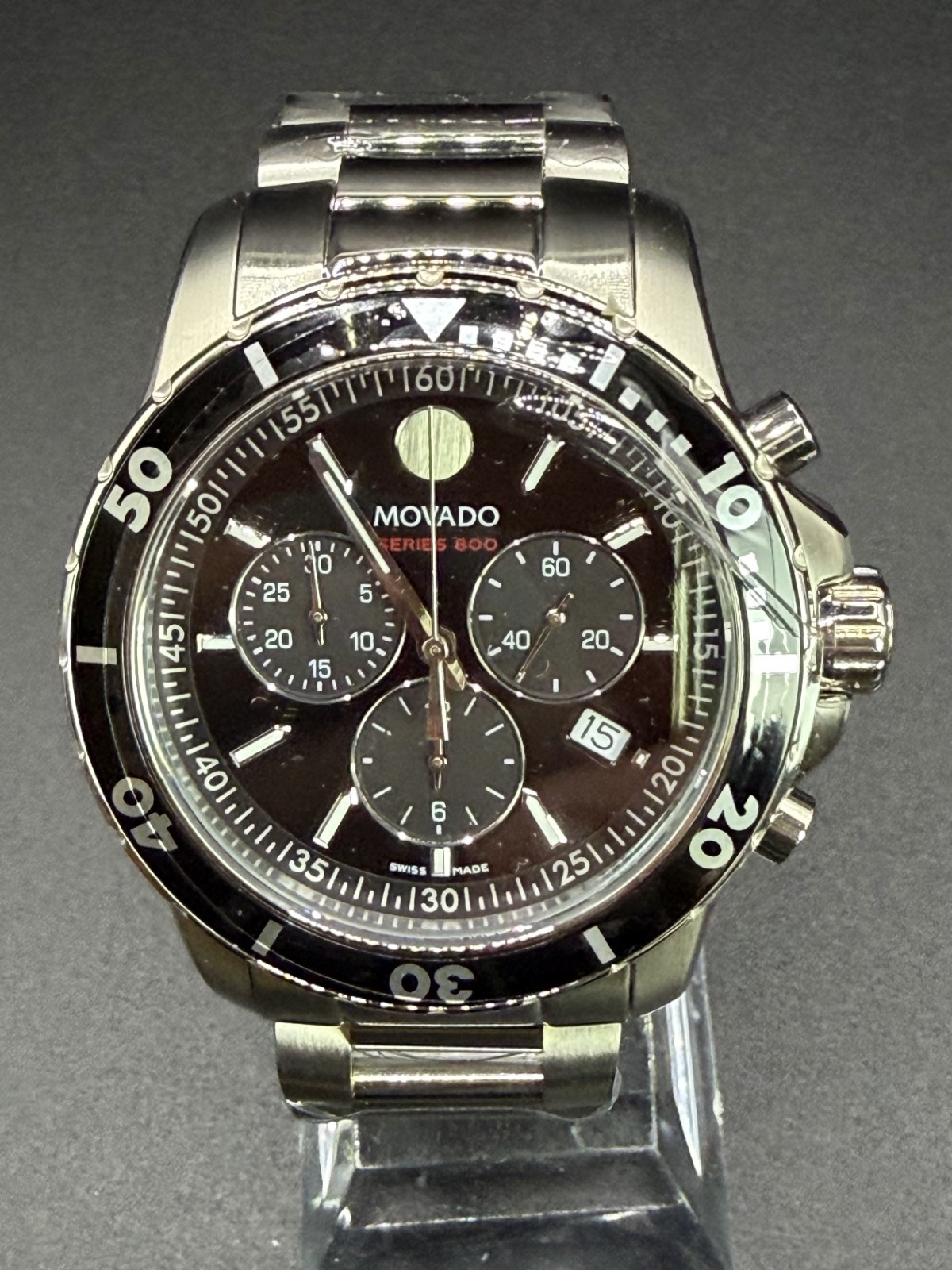 Movado Series 800 Black Dial & Bezel 42mm Chronograph Steel Watch Model #2600142