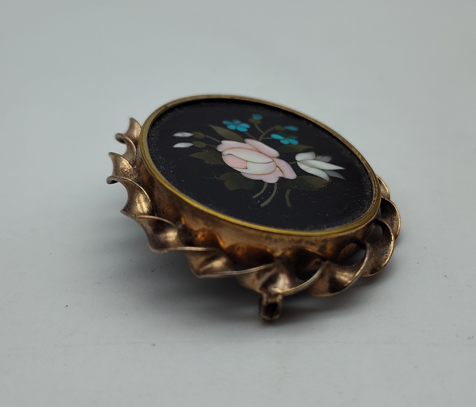 Antique Flower Pietra Dura Stone Black Pink Blue Green Gold Tone Brooch Pin