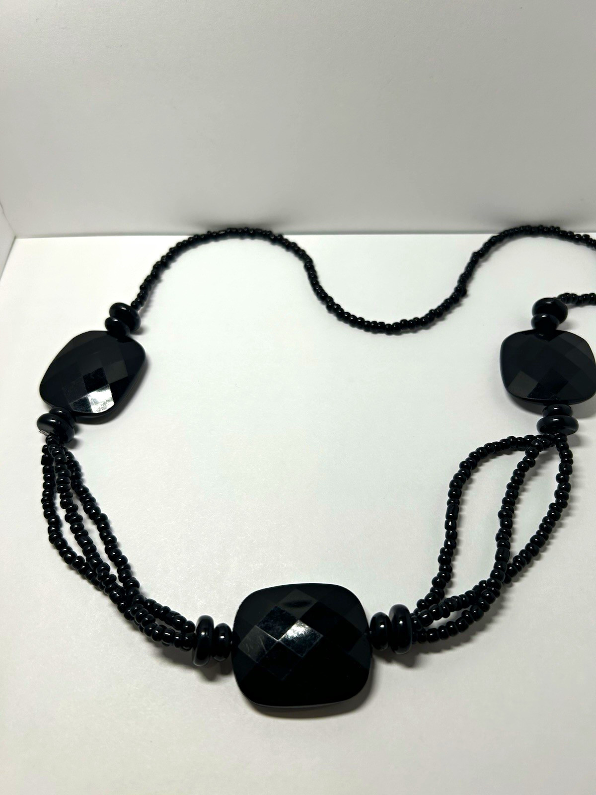 Black Glass Beaded Ball Chain Statement Necklace Large Faceted Beads