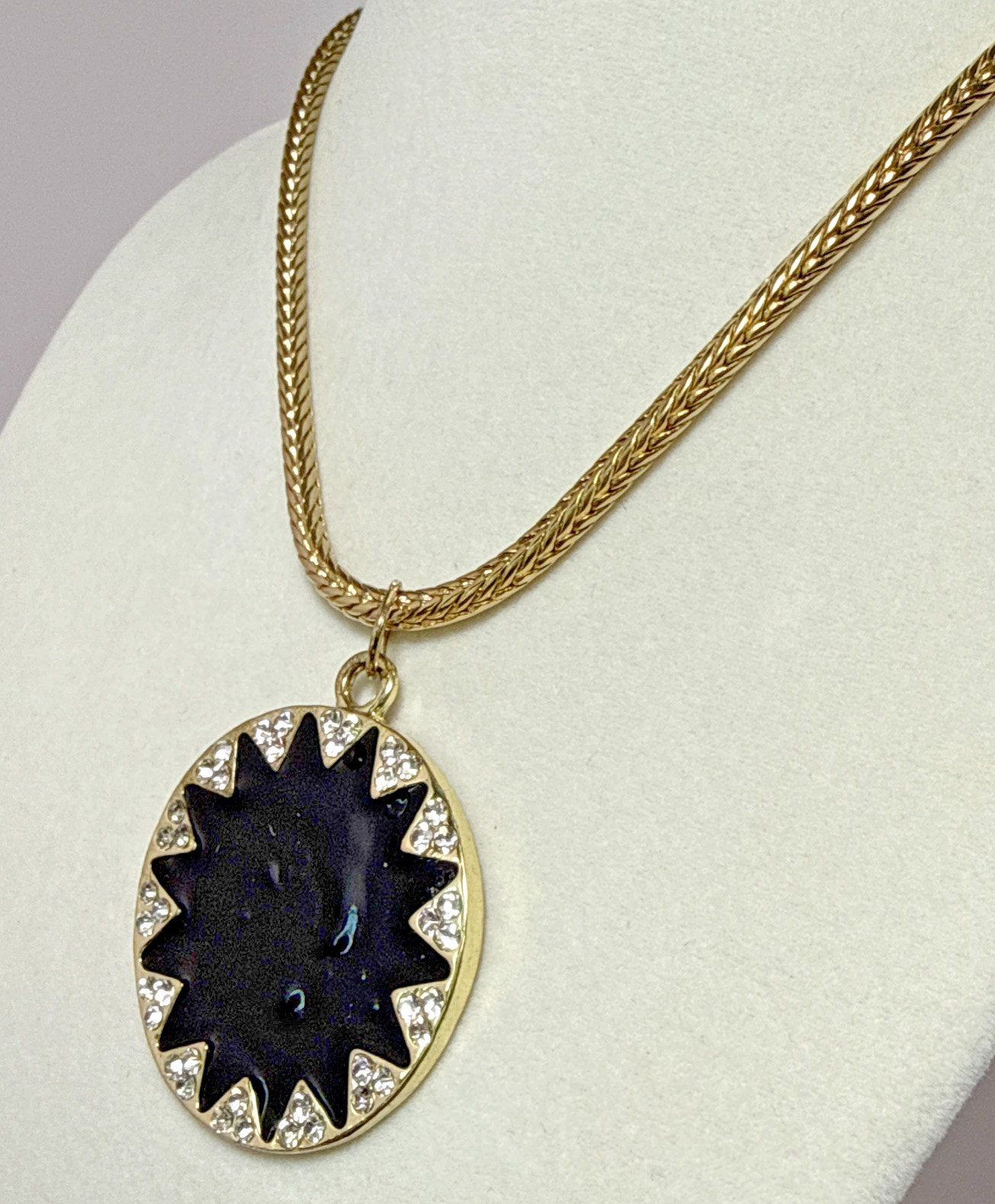 Vintage Celestial Sunburst Medallion Necklace Gold Tone Blue Black Enamel Sun