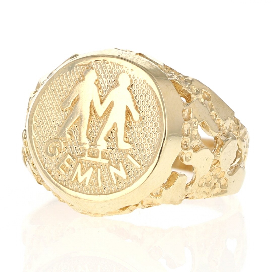 14.7mm Gemini Zodiac Medallion Nugget Signet Ring 14k Yellow Gold 5.47g Size 9