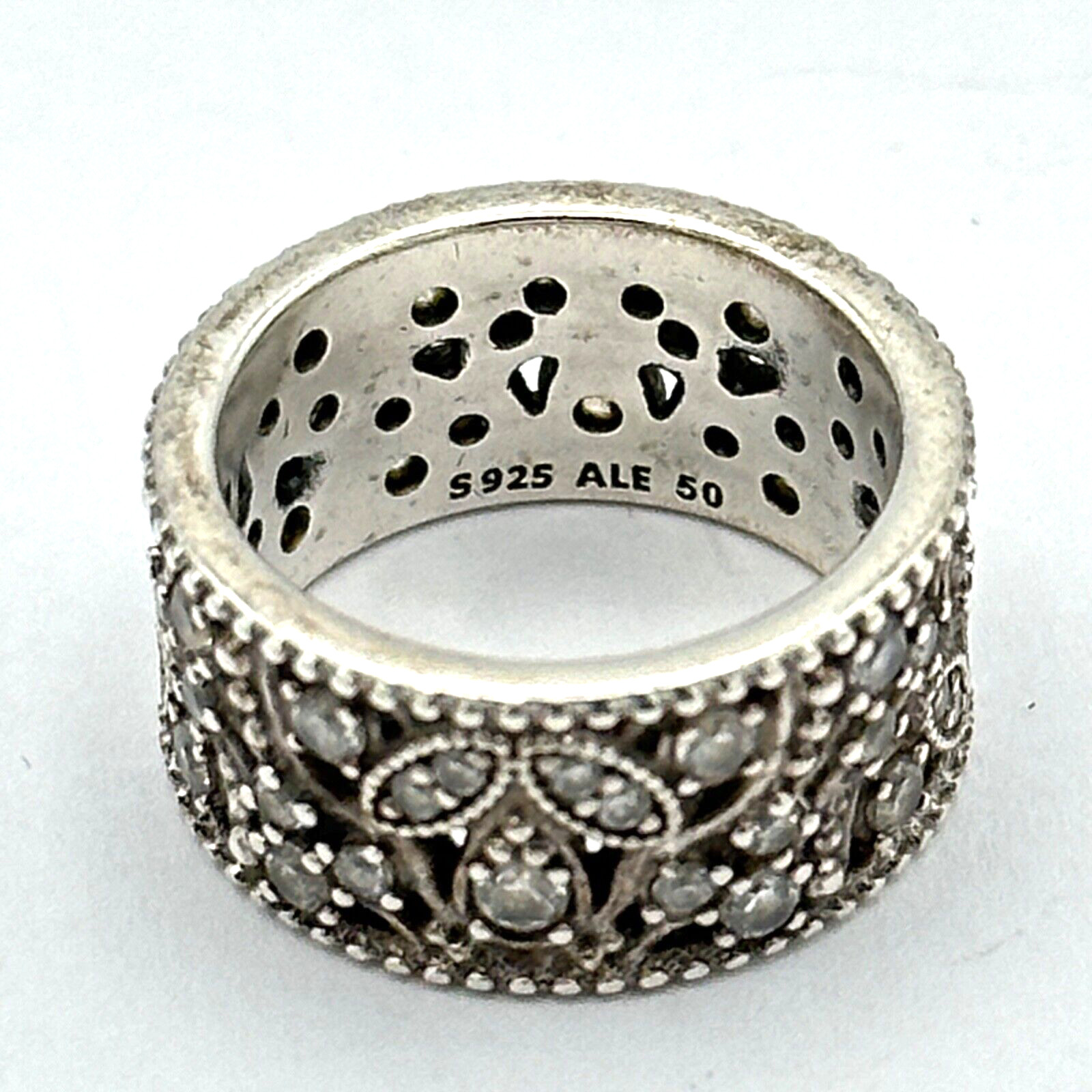 PANDORA Shimmering Leaves ring size 5.25 sterling silver clear CZ 10mm wide band