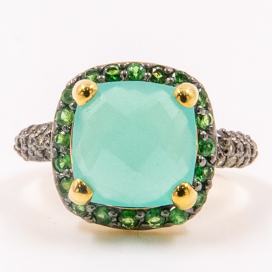 3.54ct Natural Green Chalcedony and Green Sapphire Ring 925Sliver in Gold Plated
