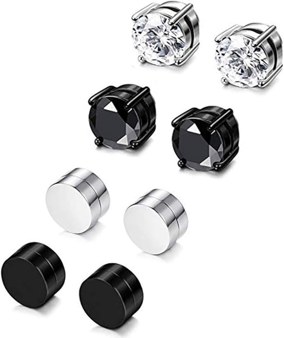 4 Pair Men Women Stainless Steel Magnetic Stud Earrings Non-Piercing Clip on E40