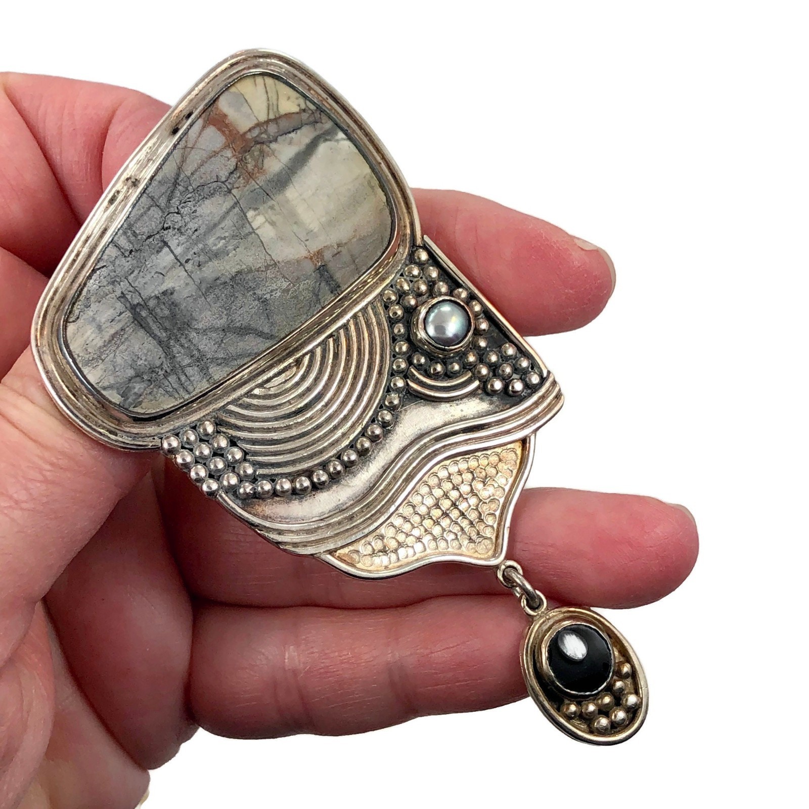 Picasso Stone, Designer, Yuma, Sterling Silver, Large, Modern Contemporary, Onyx