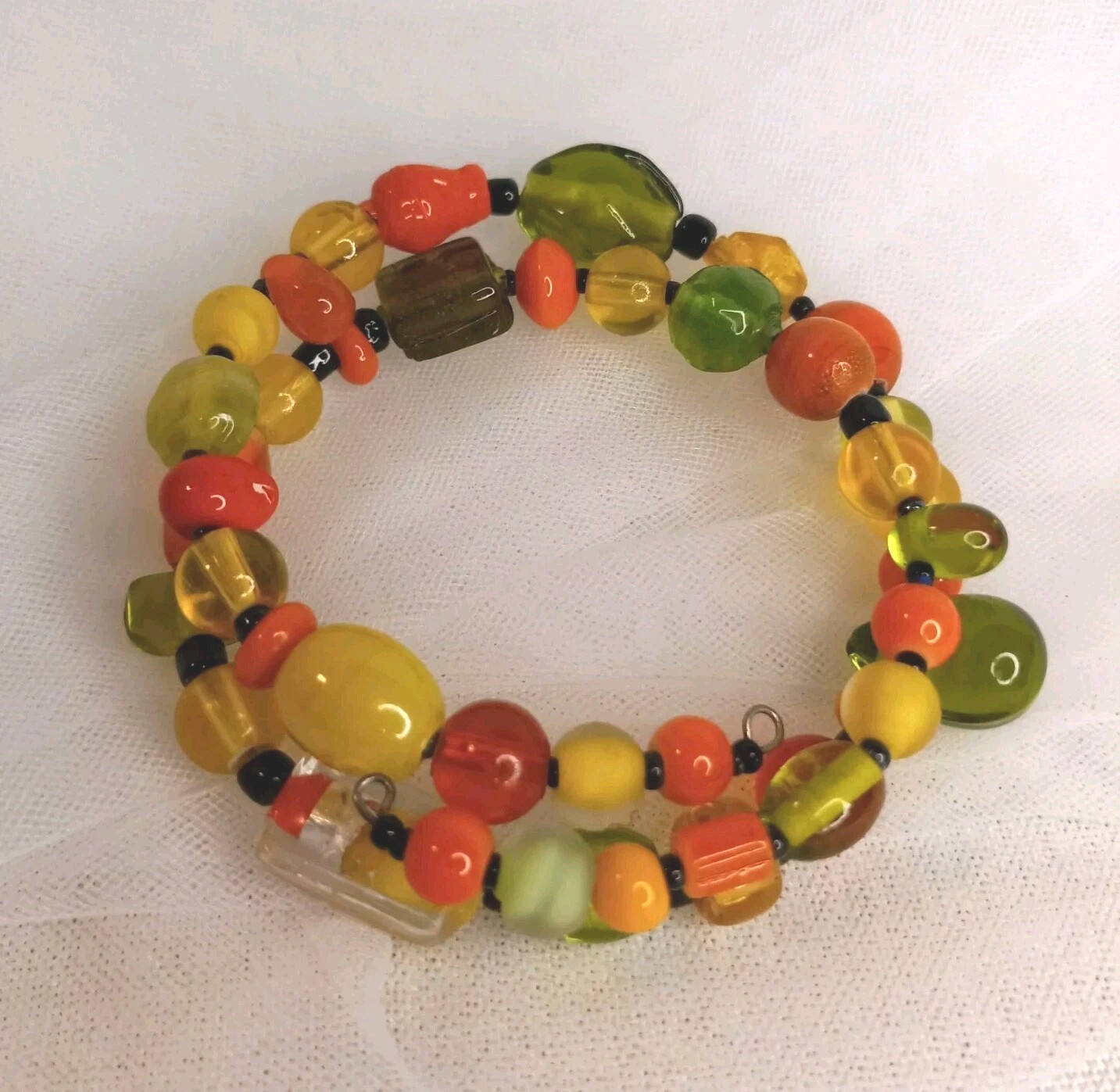 Vintage Beaded Wrap Bracelet Green Orange Yellow Glass Beads Cute Used Jewelry