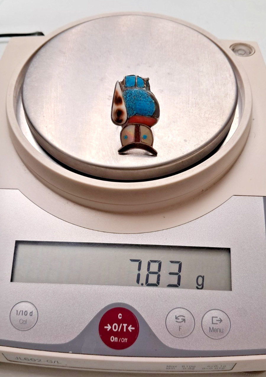 NATIVE AMERICAN ZUNI STERLING OWL RING TURQUOISE, MOP, CORAL (sz 6.5) 7.83gr