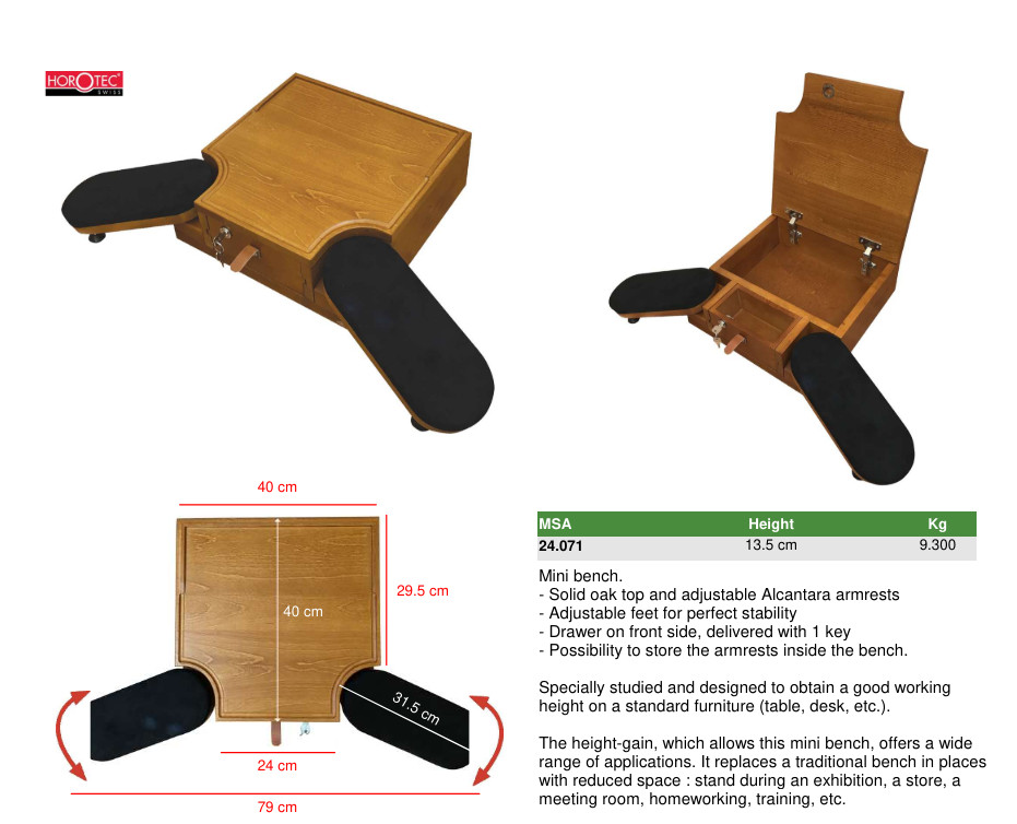 HOROTEC 24.071 MINI BENCH, SOLID OAK TOP AND ADJUSTABLE ALCANTARA ARMRESTS