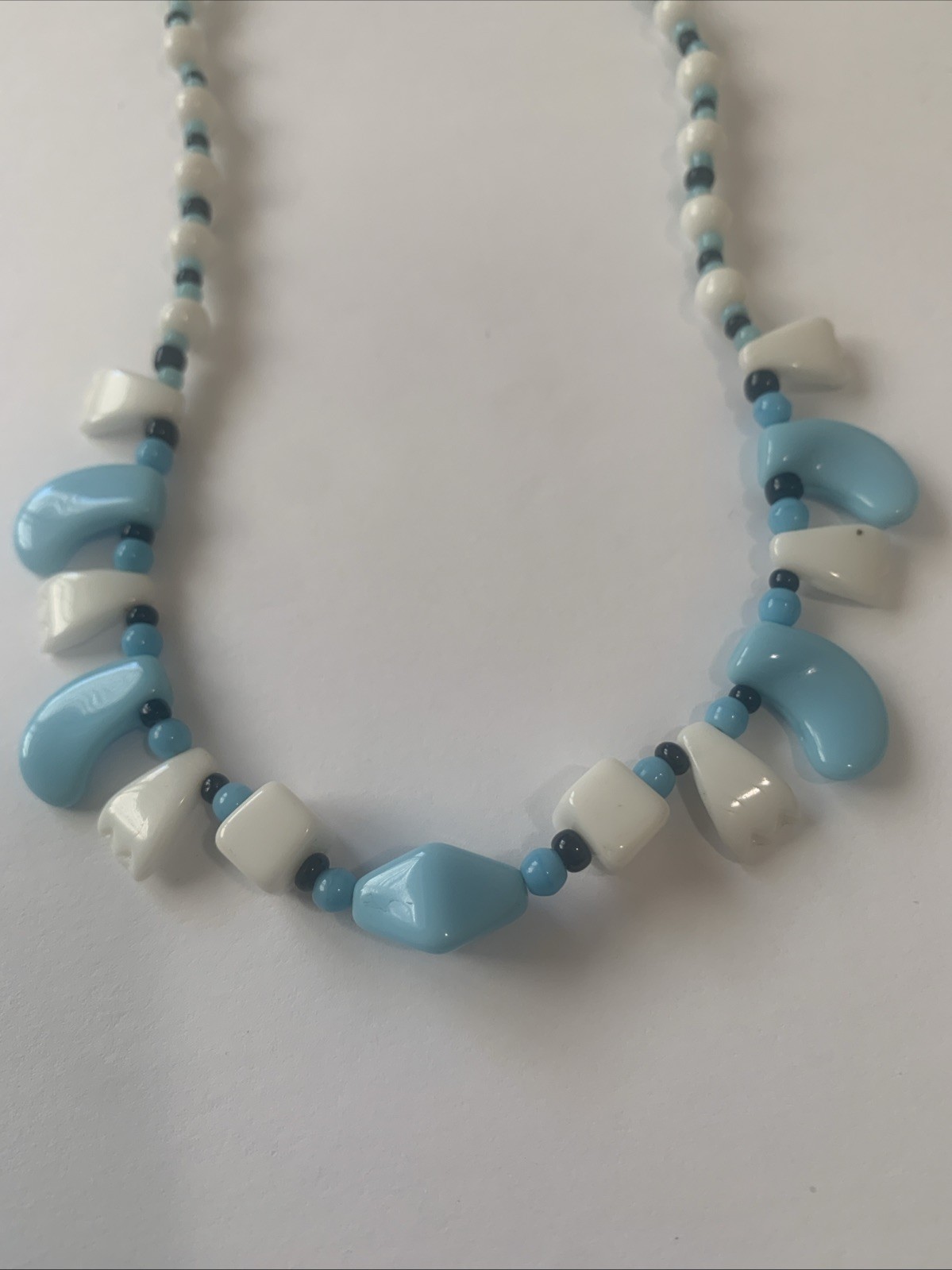 Vintage Style Blue and White Beaded Necklace with Unique Clasp.