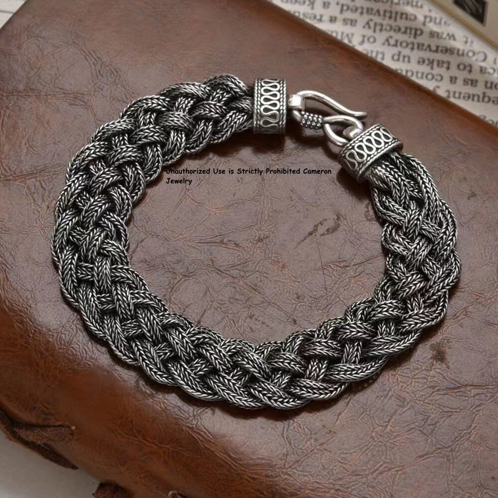 Pure S925 Sterling Silver Chain Men Women 13mm Braided Foxtial Link Bracelet