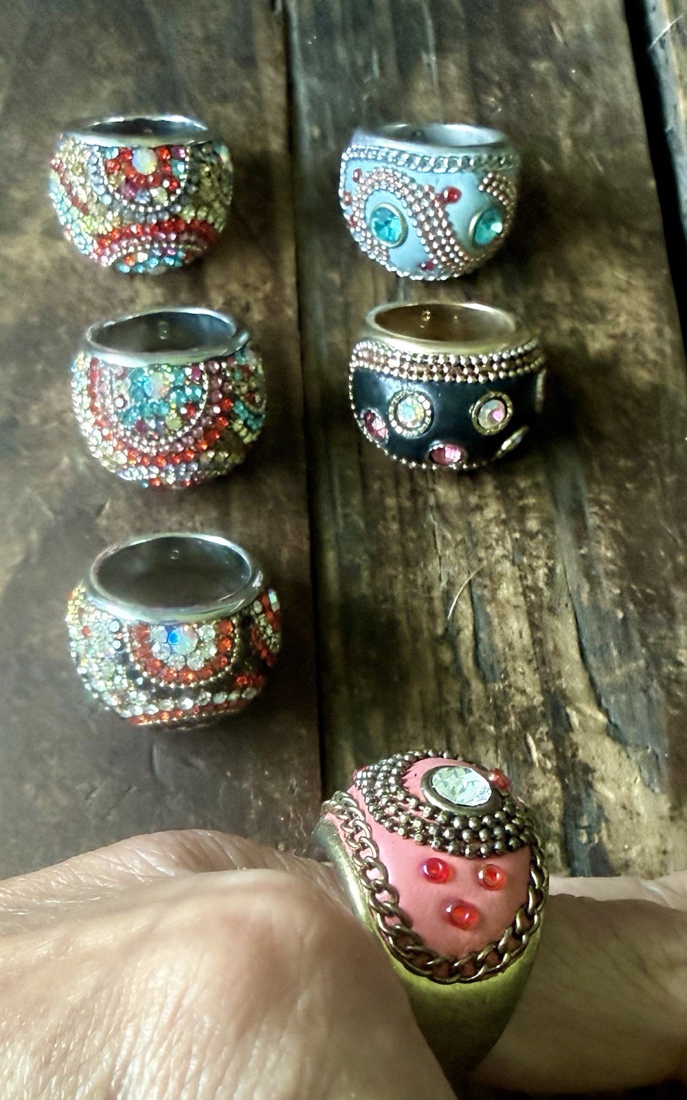 Lot of 6 Chunky Statement Rings Boho Rhinestone Multi Color Pink Blue Black