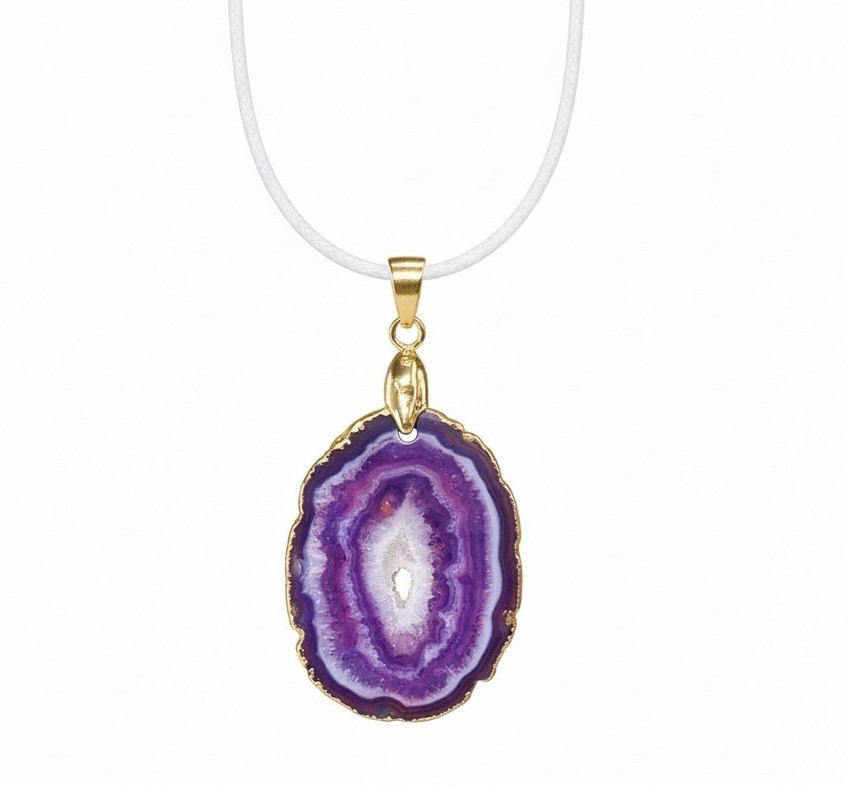 Sm Faux Amethyst Geode Slice Polymer Clay Handmade Pendant Necklace SS Clasp