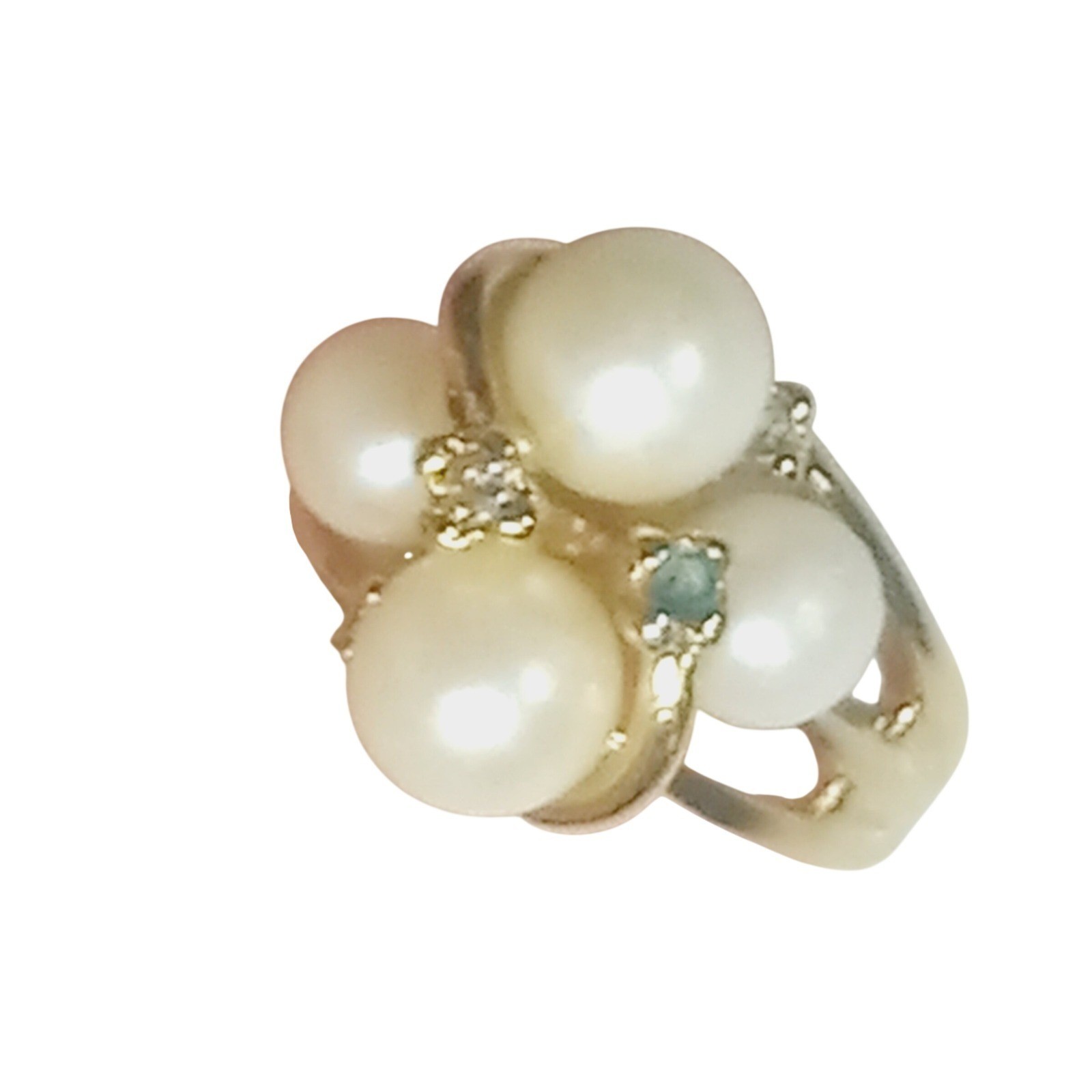 PD Gold Tone Faux Pearl Cluster Ring Size 7 Blue Clear Accent Stones Costume