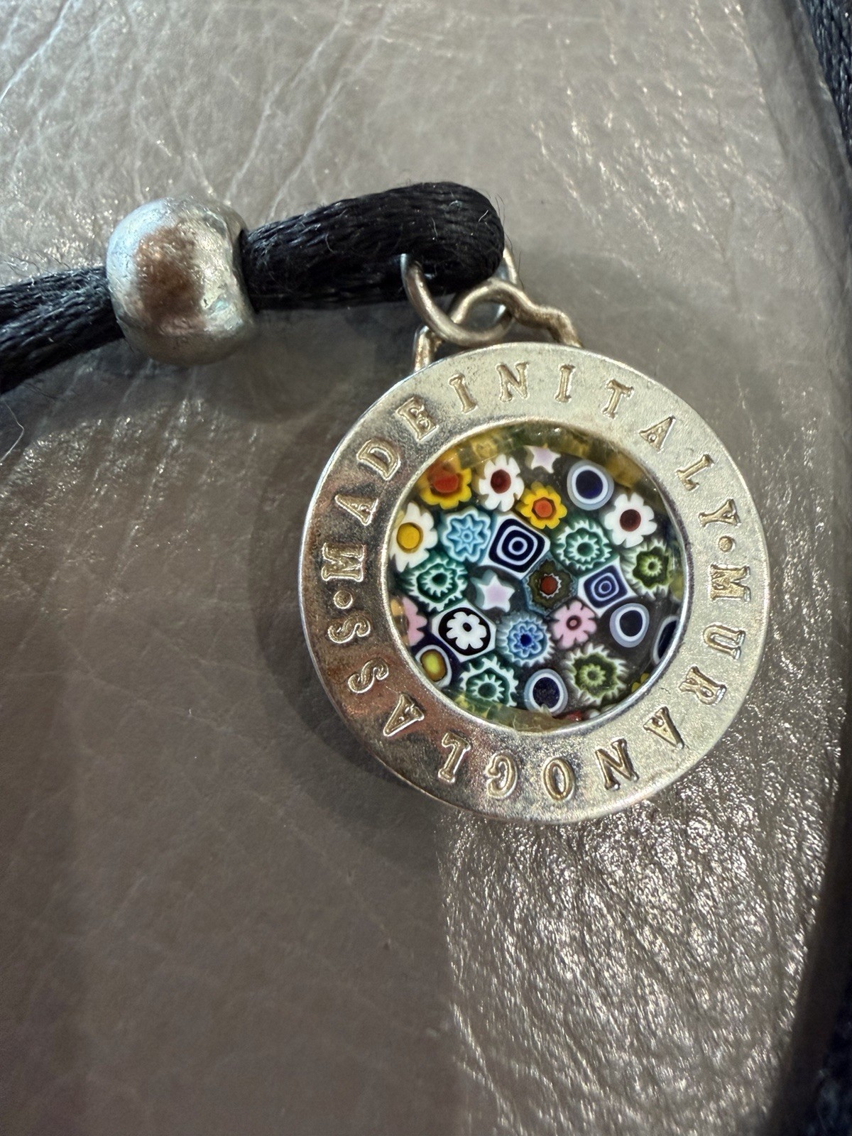 Silver Millefiori Flower Glass Pendant Green Red Yellow