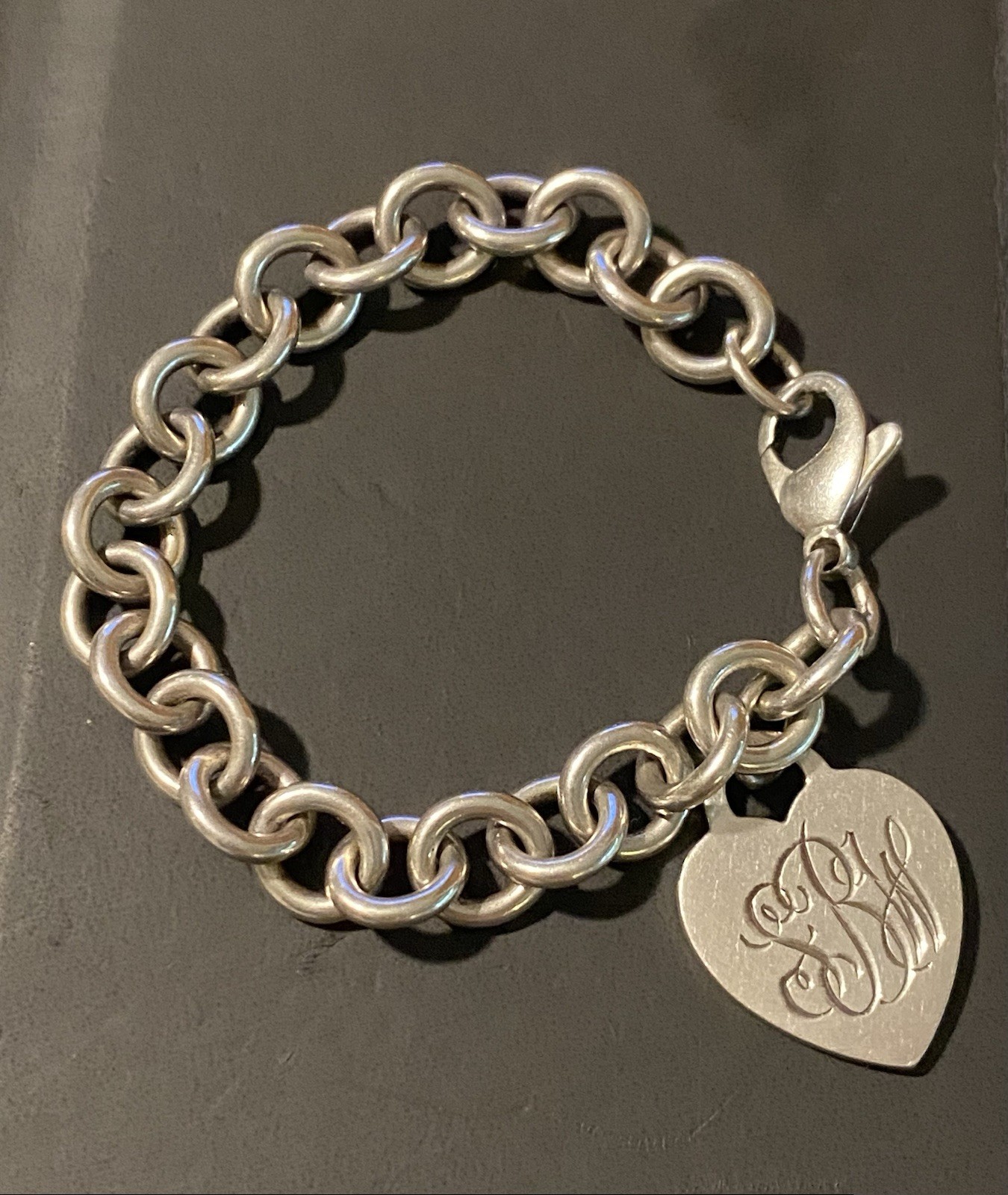 Tiffany & Co.Sterling Silver Heart Tag Charm Rolo Link Bracelet Bangle 6.75″in