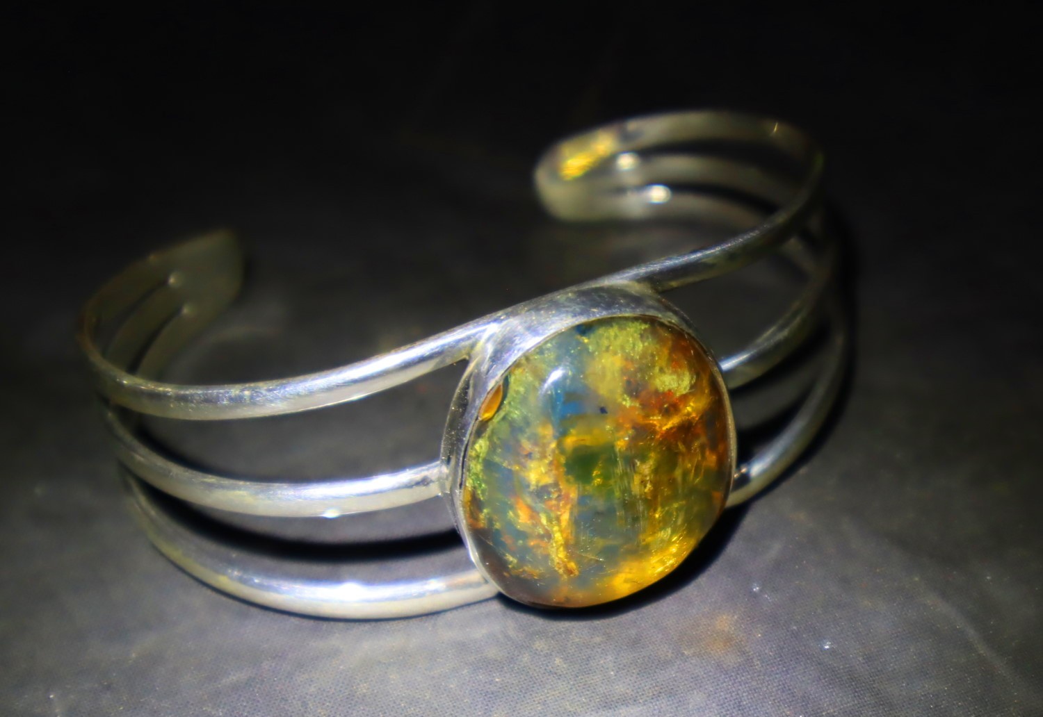 Hugh Natural Clear Green Blue Amber solid .925 Sterling Silver Cuff Bangle 7inch