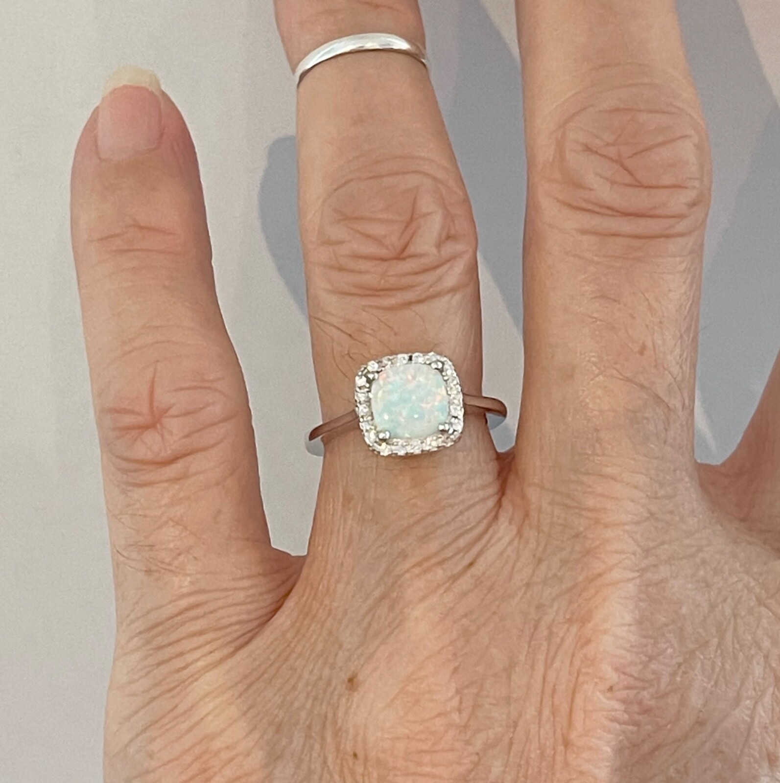 Sterling Silver Square White Lab Opal Ring, Silver Rings, CZ Ring, Wedding Ring