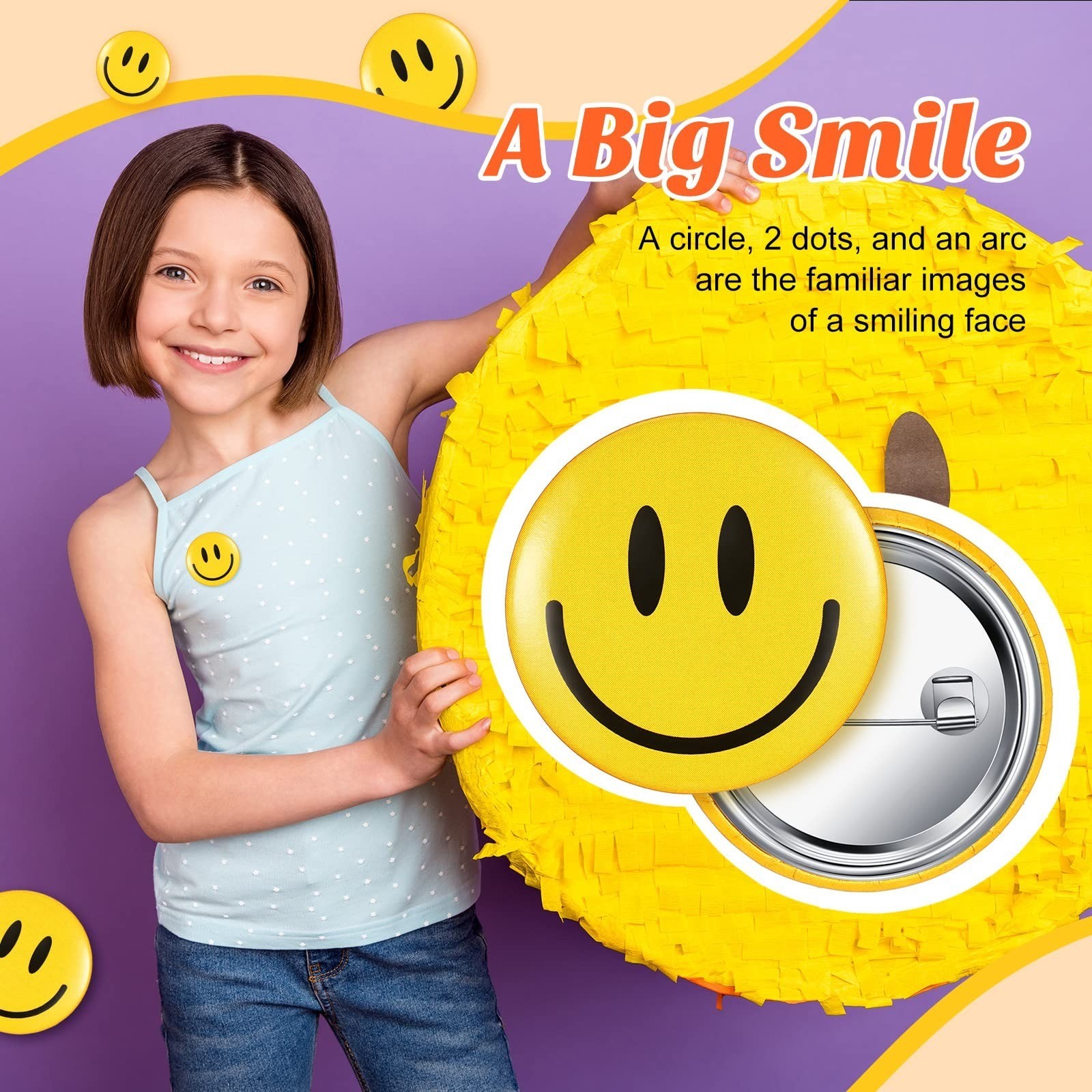 200 Pcs Happy Smile Face Button Pins Retro Pinback Badge