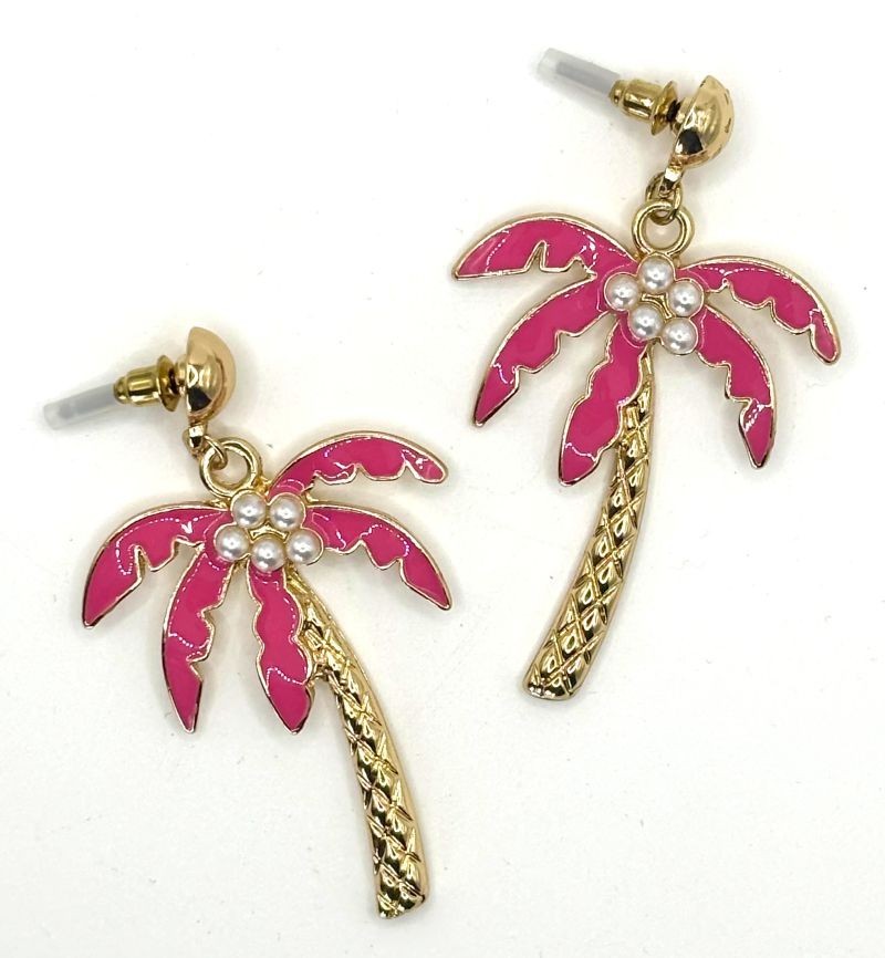 Tropical Vibrant Pink Palm Tree “Pearl” Coconut Gold Tone Summer Earrings New