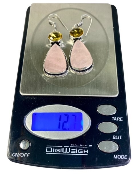 Rose Quartz & Faceted Citrine Teardrop Earrings Double Gems Handmade 12gm 2.8 in