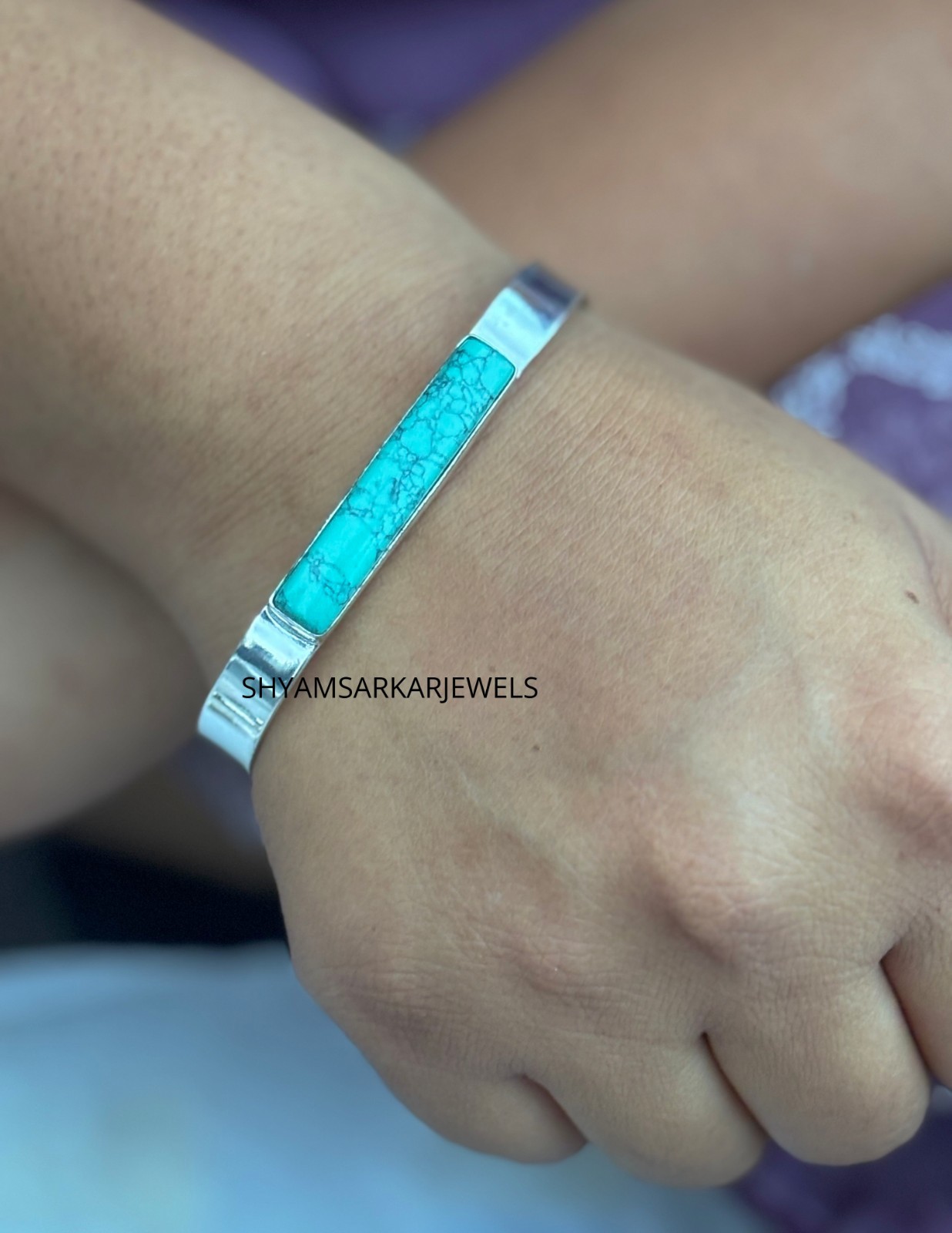 Turquoise Gemstone Open Cuff Bracelet 925 Silver Chunky Statement Bangle 7.5Inch