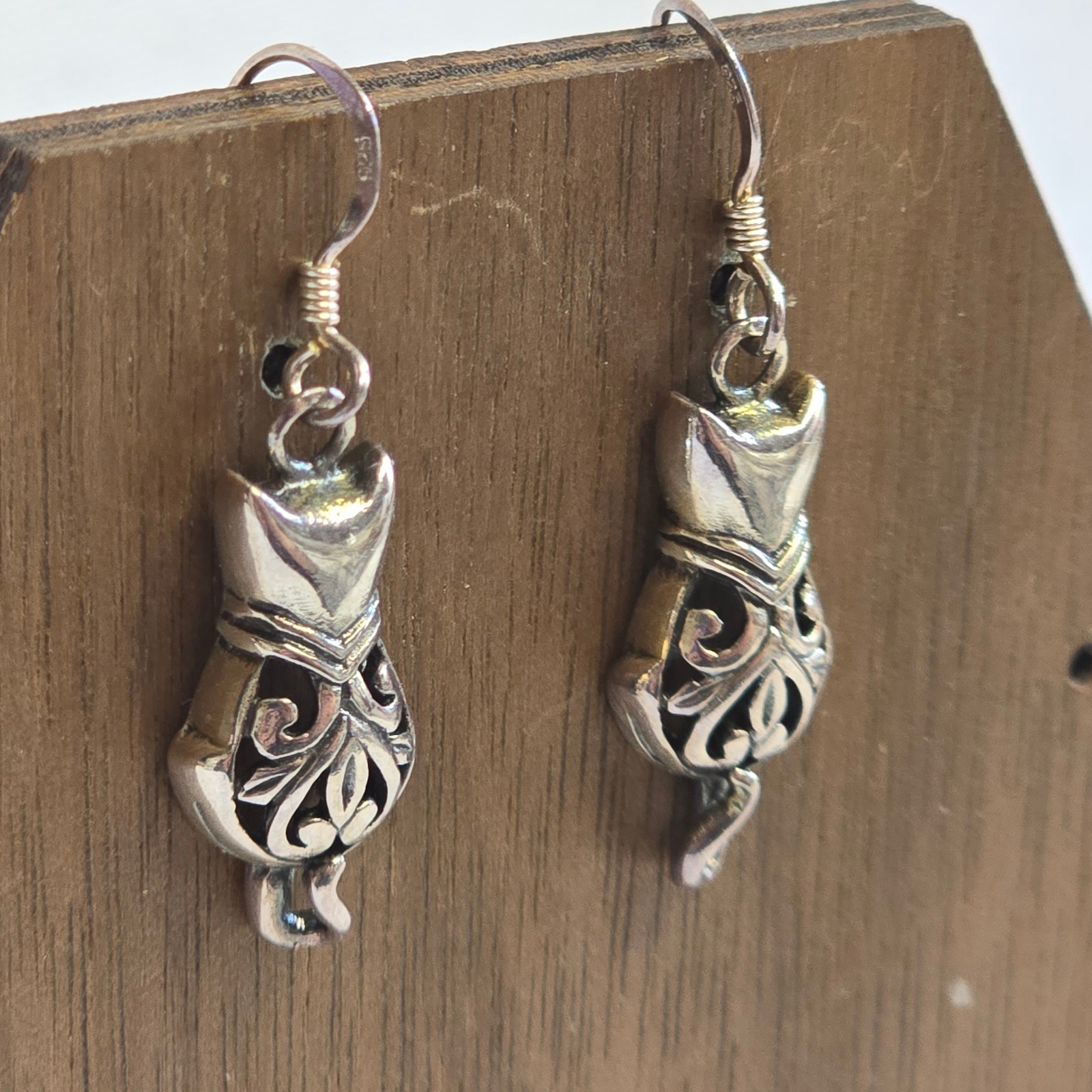 Sterling Silver Earrings 3.94g Fine Jewelry Figural Cat Dangle Hook