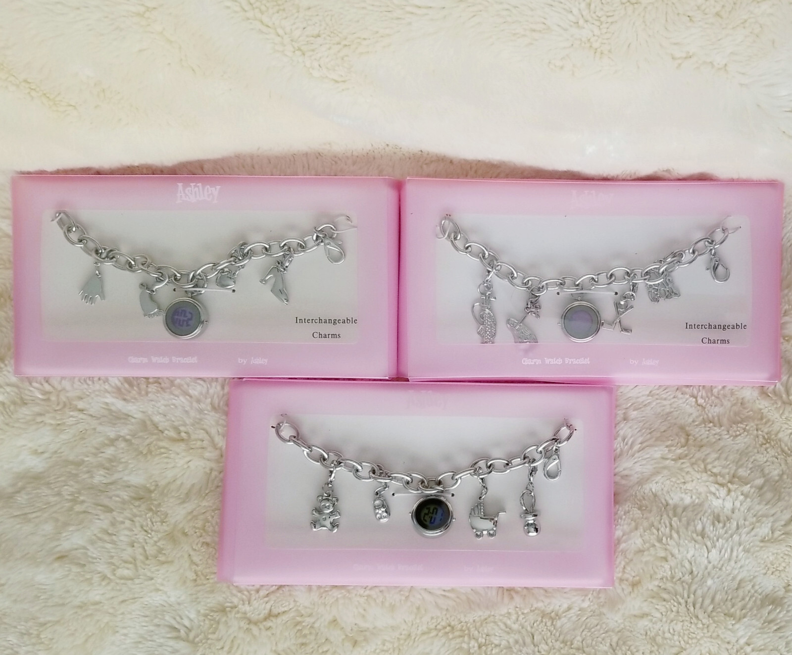 Ashley Large Silver Tone Link Charm Bracelet w/ Watch Baby Theme Shower Gift