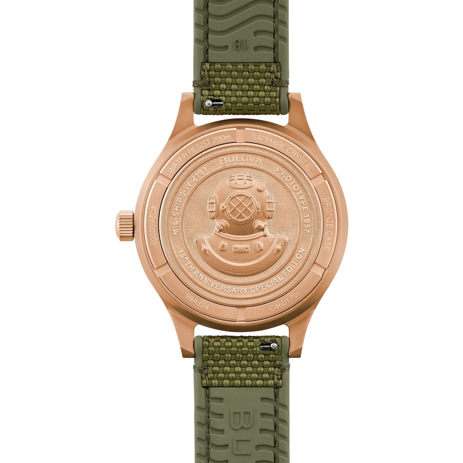 Bulova MIL-SHIPS 98A324 Automatic Green Dial Bronze Case CORDURA Strap Men Watch
