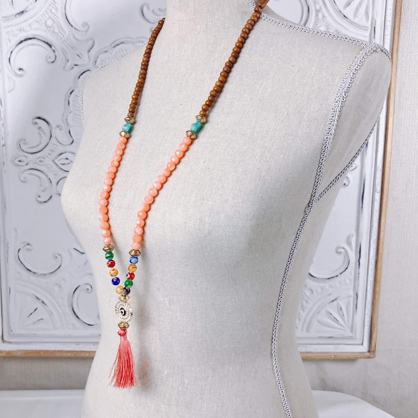 Boho Long Necklace Evil Eye Tassel Wood Coral Color Acrylic Bead Colorful 32–36″