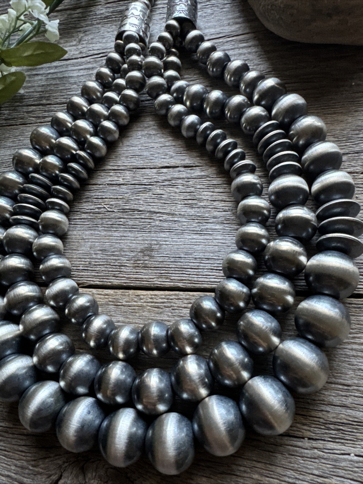 Sterling Silver Layered Multi Strand Pearls Bead Necklace 22 Inch “Navajo Style”