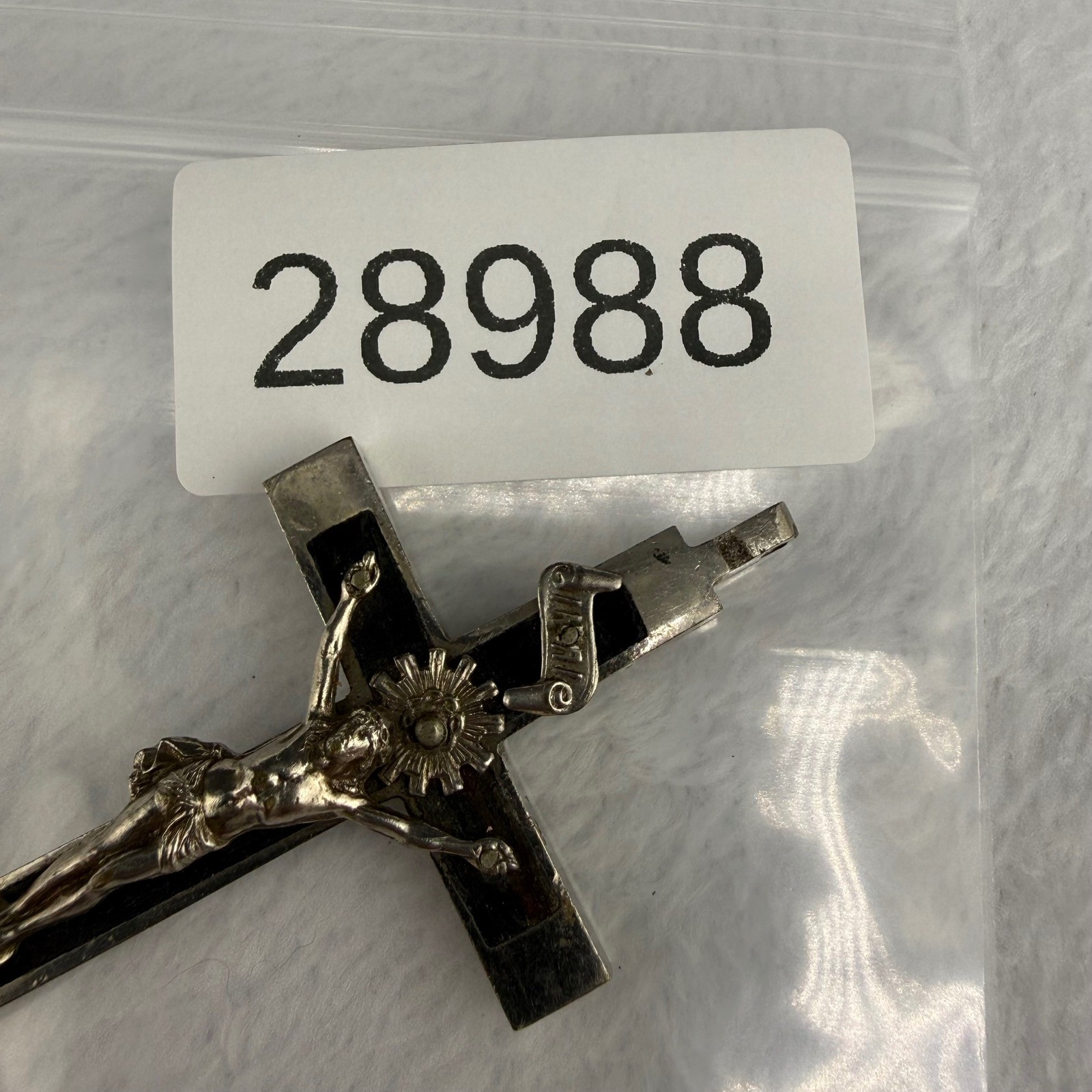Vintage Real Ebony Wood Crucifix Pendant Silver Tone Memento Mori Skull 3″