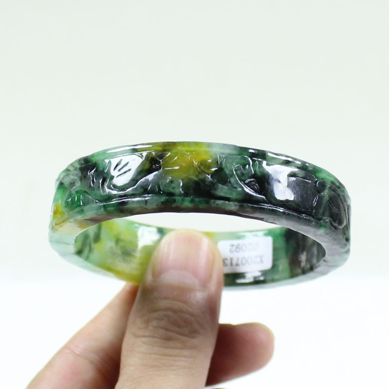 61mm Real Natural Ice Multicolor Burmese Jade jadeite Carving Bracelet Bangle
