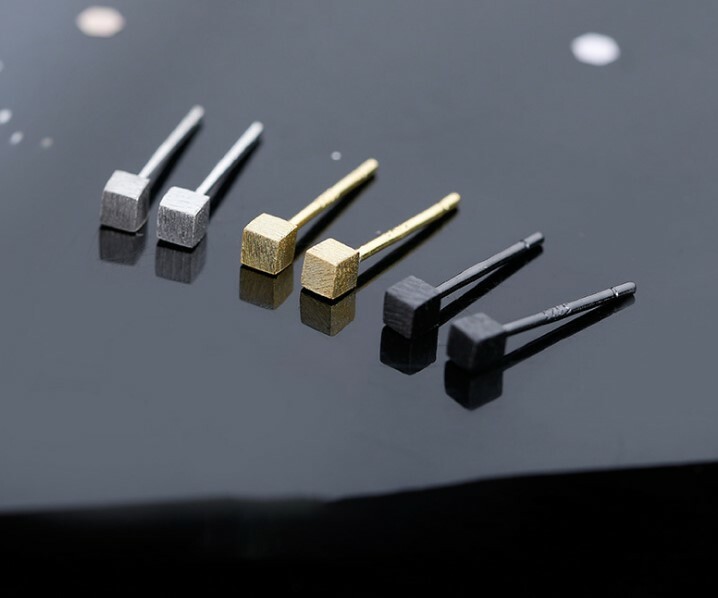 3mm Tiny Brushed Cube Square Stud Earrings 925 Sterling Silver Gift Box PE18