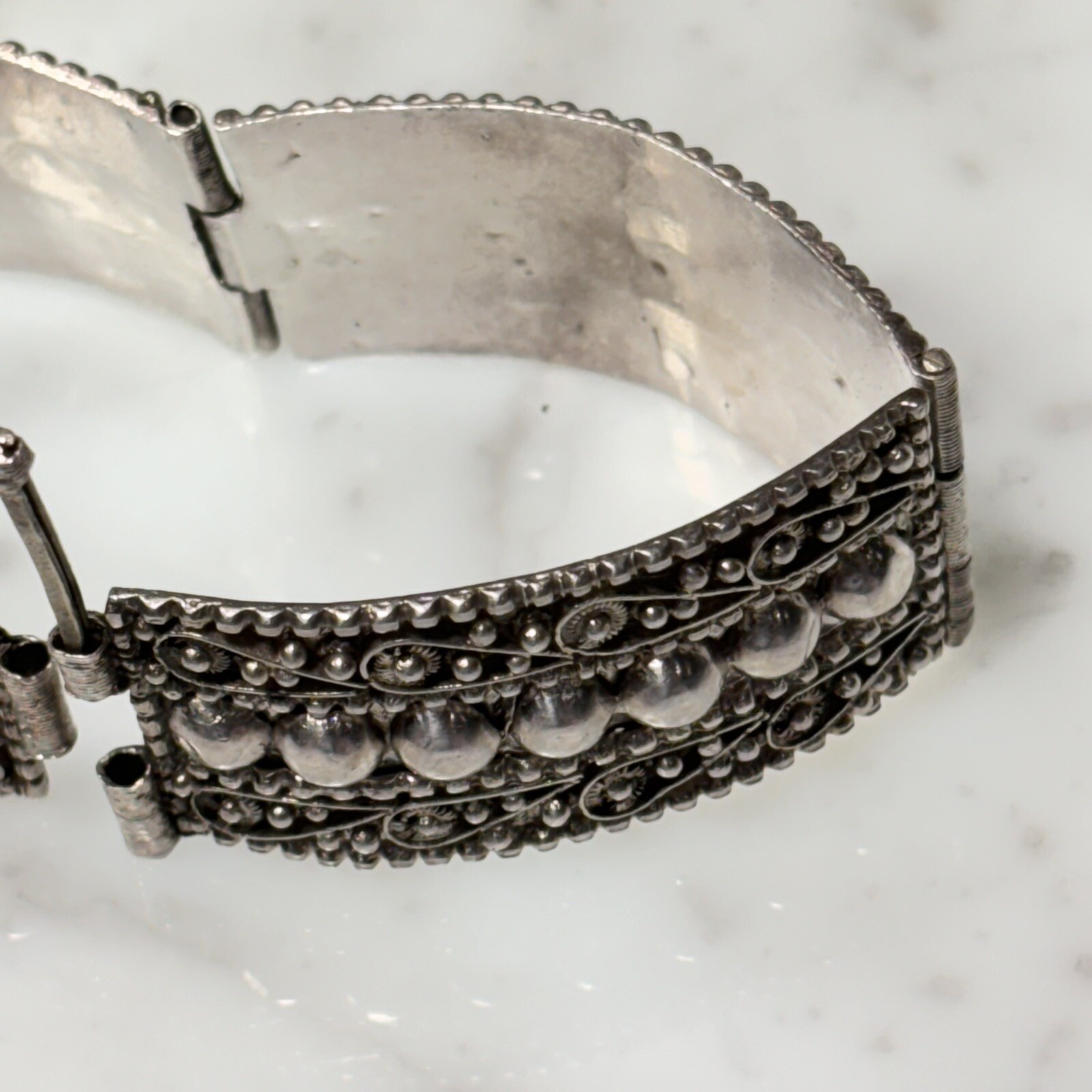 Antique Sterling Silver 935 Scroll Ball Dot Hinged Panel Bracelet 7” Long 30.0g