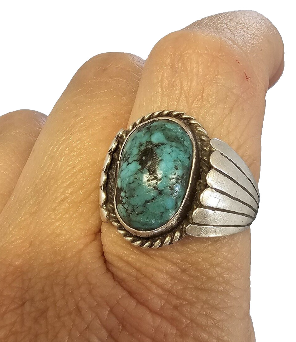 VTG Navajo AD Sterling Silver Turquoise Shadowbox Ring 11.5 Signed Old 8.05g Men