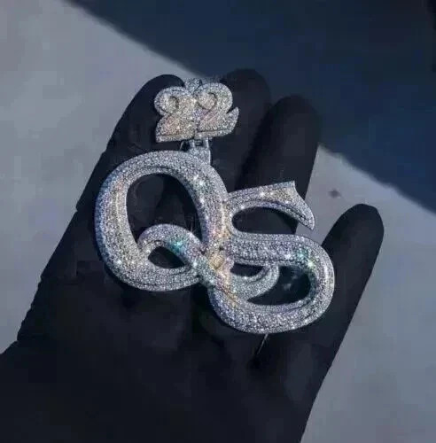 2.50 CT Round Cut Real Moissanite Custom Initial Pendant 14K White Gold Plated