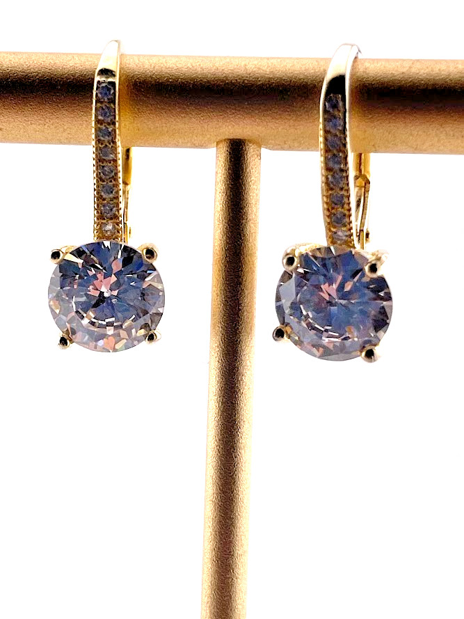 GOLD OVER 925 STERLING SILVER 7.5MM ROUND CZ DROP EARRINGS CLASSIC 3372
