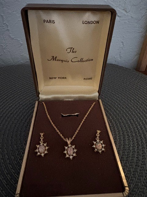 Pink Opal Like Necklace and Earrings with Clear Crystals