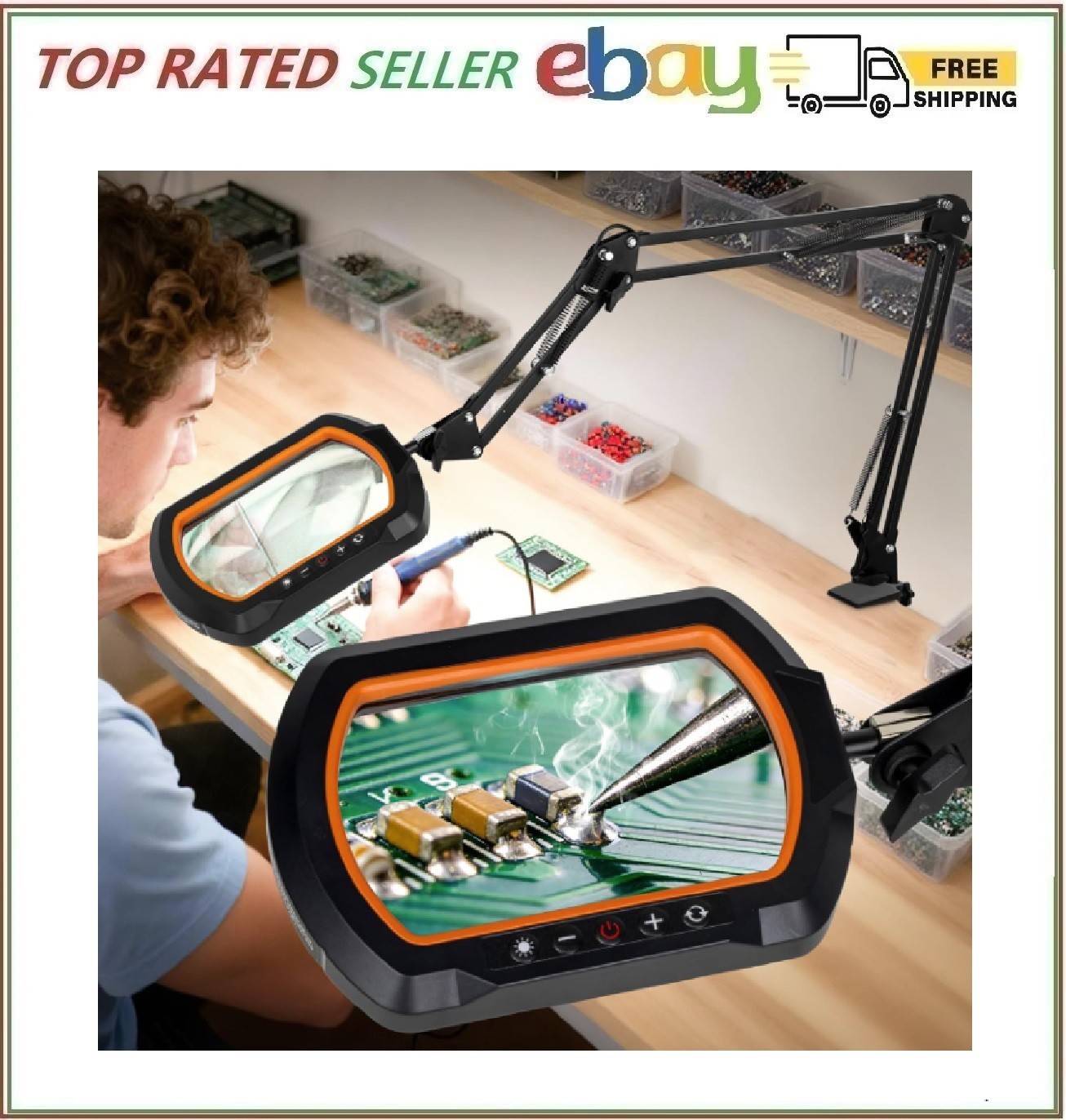 HITTI 12X Square Magnifying Glass with Light and Clamp, Hands-Free Lighted Stand