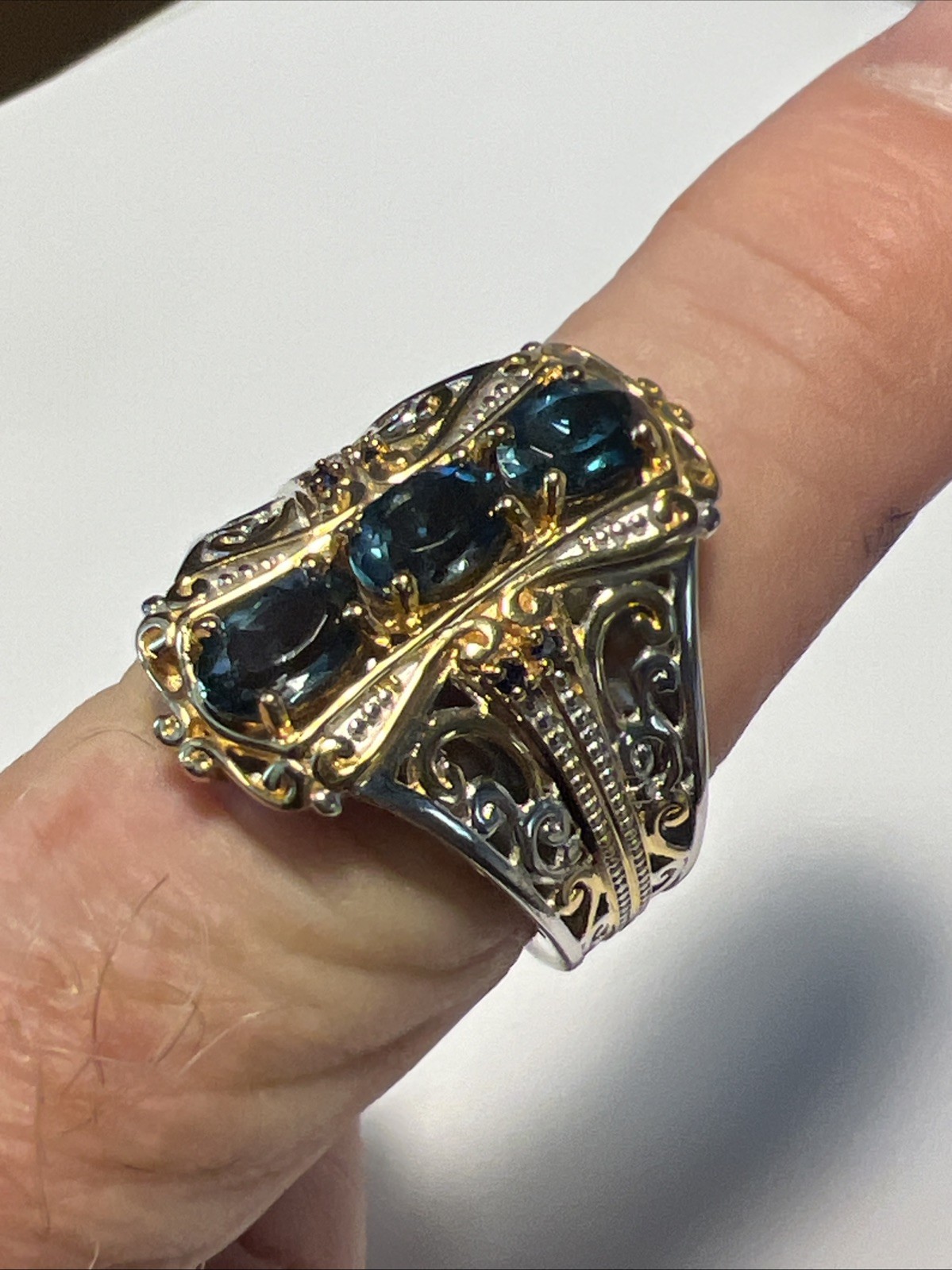 Gems en Vogue Sterling 925 Blue topaz Palladium Ring sz 10 Gold Vermeil #JV98