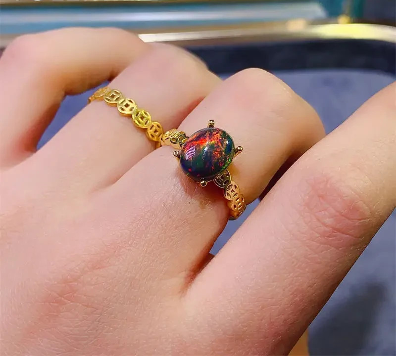 Black Fire Opal Cocktail Ring, Colorful Black Fire Opal Gemstone Ring 8x10mm