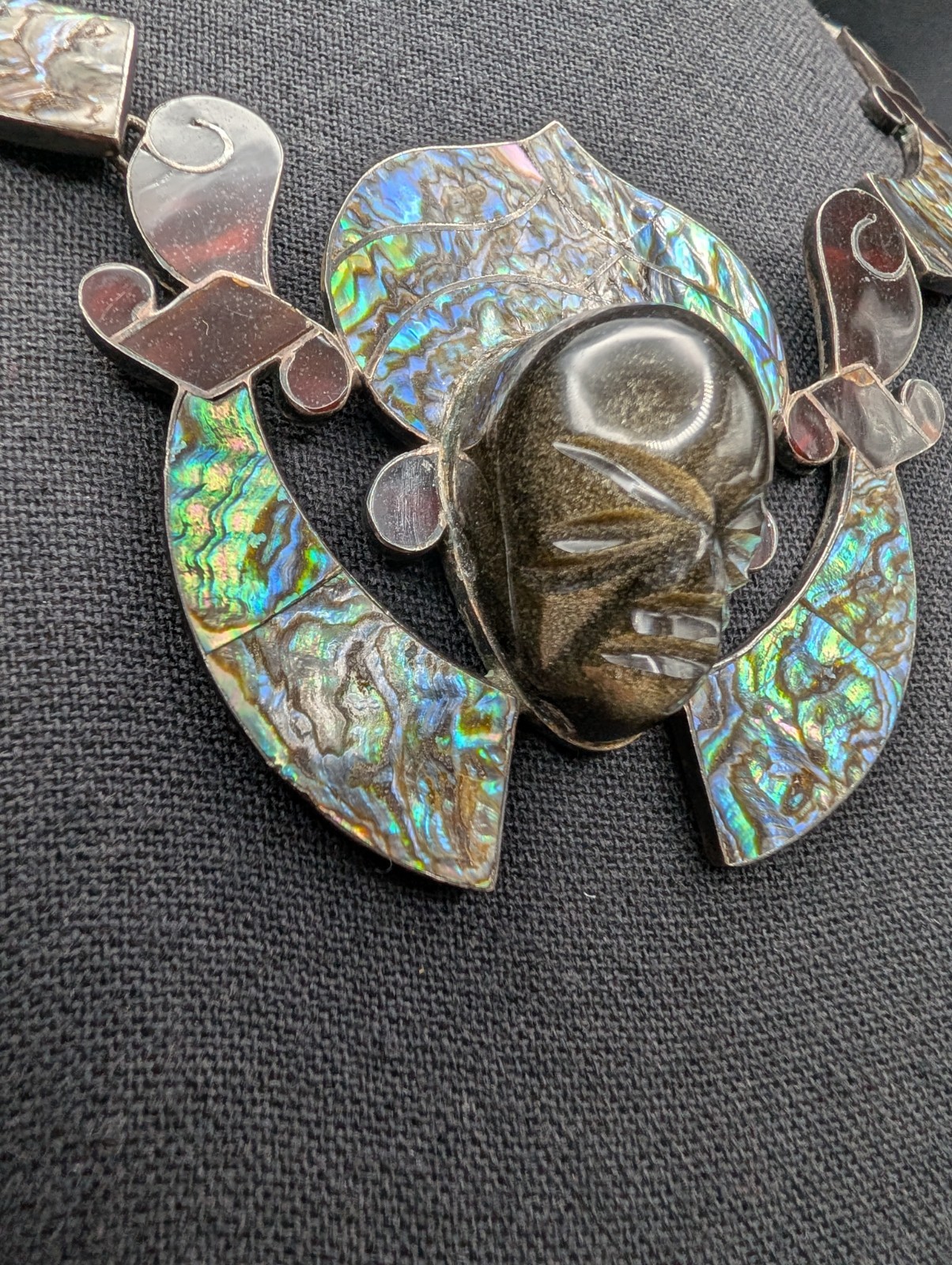 Vtg Statement Piece 925 Mexico Sheen Obsidian Tortoise & Abalone Shell