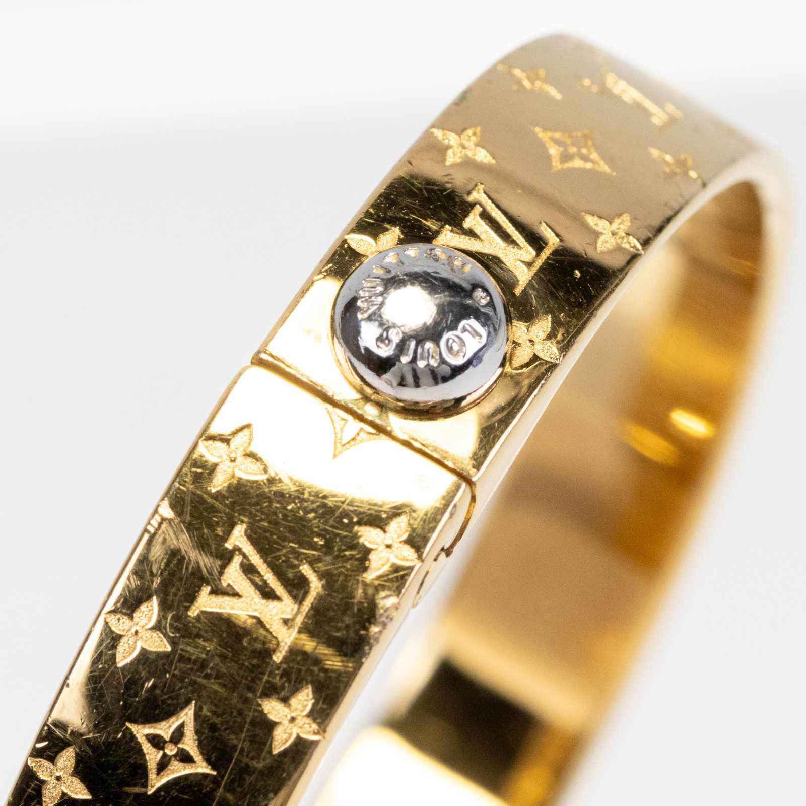 Louis Vuitton LV Nanogram Cuff Bracelet M00252 Bangle Gold Tone Size M Authentic